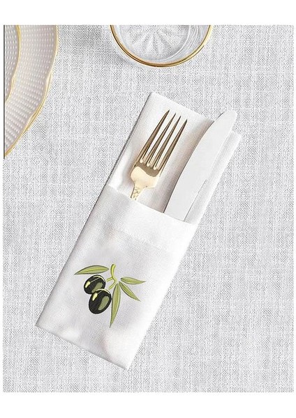 4'lü Nakışlı Çatal Bıçak Kılıfı Zeytin