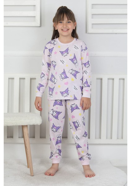 %100 Pamuk Süprem Penye Kumaş Uzun Kollu Bisiklet Yaka Kız Çocuk Pijama Takımı 3-8 Yaş