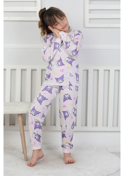 %100 Pamuk Süprem Penye Kumaş Uzun Kollu Bisiklet Yaka Kız Çocuk Pijama Takımı 3-8 Yaş