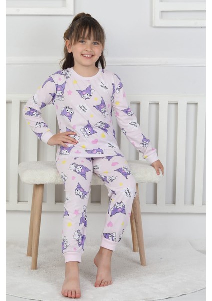 %100 Pamuk Süprem Penye Kumaş Uzun Kollu Bisiklet Yaka Kız Çocuk Pijama Takımı 3-8 Yaş