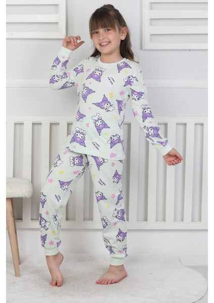 %100 Pamuk Süprem Penye Kumaş Uzun Kollu Bisiklet Yaka Kız Çocuk Pijama Takımı 3-8 Yaş