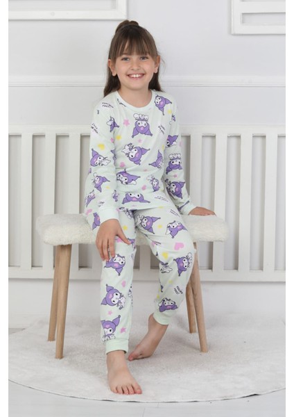 %100 Pamuk Süprem Penye Kumaş Uzun Kollu Bisiklet Yaka Kız Çocuk Pijama Takımı 3-8 Yaş
