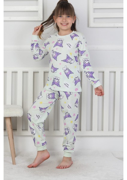 %100 Pamuk Süprem Penye Kumaş Uzun Kollu Bisiklet Yaka Kız Çocuk Pijama Takımı 3-8 Yaş