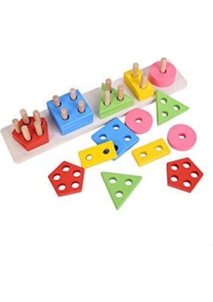 Wooden Toys Colorful Geometric Five Set Of Columns Geometrik Şekiller