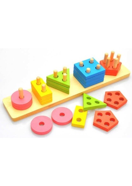 Wooden Toys Colorful Geometric Five Set Of Columns Geometrik Şekiller