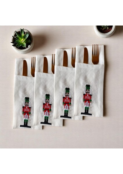 4'lü Nakışlı Çatal Bıçak Kılıfı Kurşun Asker, Fındıkkıran, Nutcracker