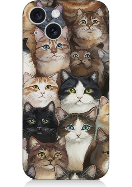Apple iPhone 15 Plus Uyumlu Kedi Kalabalığında Kaos Desenli Silikon Kılıf
