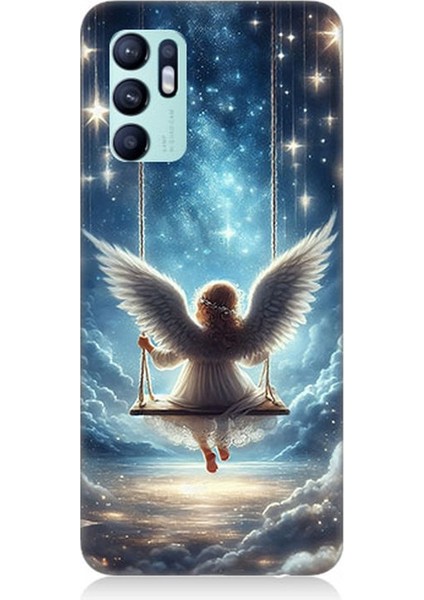 Oppo Reno 6 Uyumlu Yıldızlarla Salıncakta Melek Desenli Silikon Kılıf