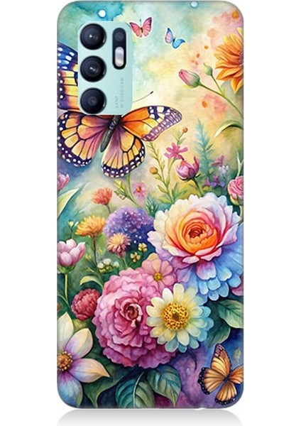 Oppo Reno 6 Uyumlu Çiçeklerle Dans Eden Kelebek Desenli Silikon Kılıf