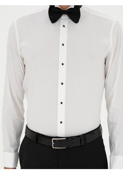 Erkek Beyaz Slim Fit Manşetli Pamuk Karışımlı Smokin Gömlek 50285569-VR013