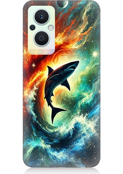 Oppo Reno 7 Lite Uyumlu Ateşle Dans Eden Köpekbalığı Desenli Silikon Kılıf