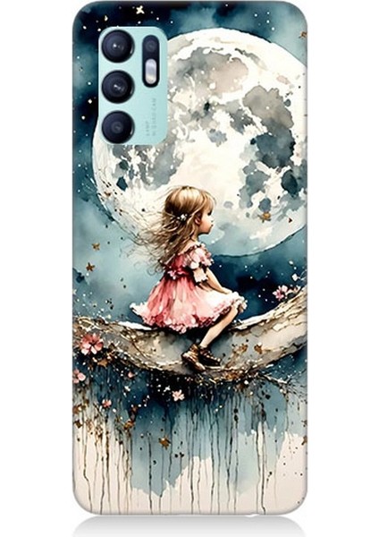 Oppo Reno 6 Uyumlu Ay Üzerinde Hayalci Kız Desenli Silikon Kılıf