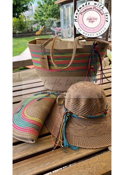Vero 3lü Takım Plaj Çantası , El Çantası Clutch, Şapka, Totebag,çanta, Yazlık, Hediyelik,