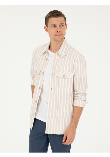 Erkek Bej Regular Fit Keten Karışımlı Ceket Gömlek 50288941-VR011