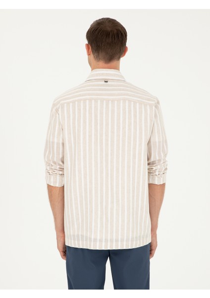 Erkek Bej Regular Fit Keten Karışımlı Ceket Gömlek 50288941-VR011