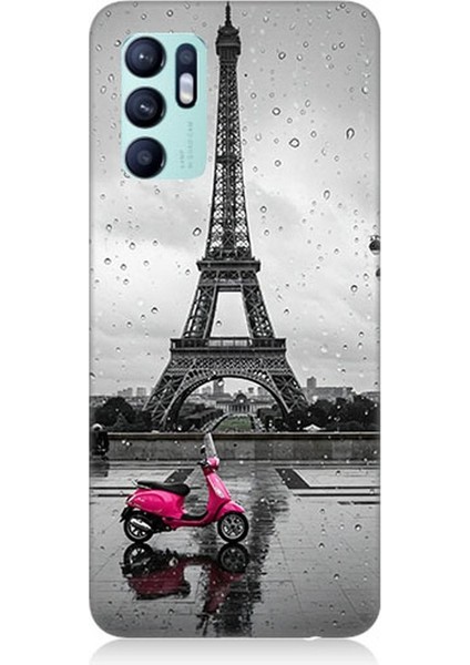 Oppo Reno 6 Uyumlu Yağmurda Eyfel ve Scooter Desenli Silikon Kılıf