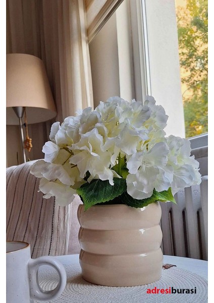 Yapay Çiçek Demetleri, Lux Ortanca 5 Dal, Renk Ekru, Yükseklik 31-45 cm, Dekoratif Botanik