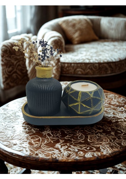 Crafts Tasarım 3'lü Dekoratif Taş Tozu Mum ve Vazo Seti Siyah Altın