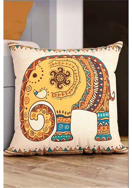 Bohem desenli kadife kırlent kılıfı 43x43 bej dekoratif yastık minder