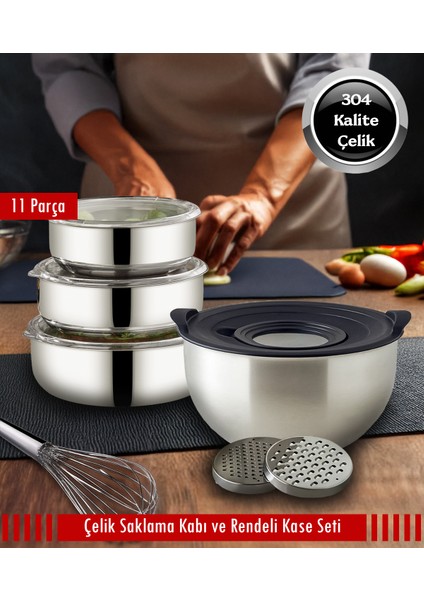Çelik 3'lü Saklama Kabı ve 24CM Rendeli Saklama Kabı 11 Parça Set