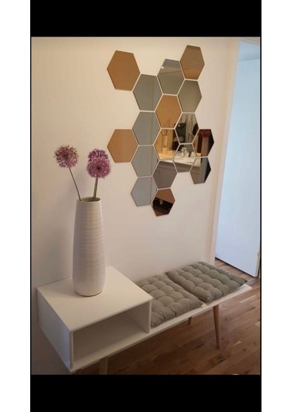 Altıgen Altın Renkli Ayna Duvar Süsü, 20x20, Yapışkanlı, Poliresin Tasarım