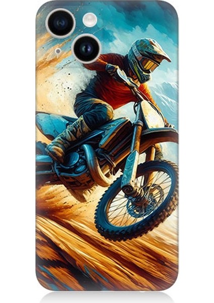 Apple iPhone 14 Plus Uyumlu Alevler Arasında Motosiklet Sıçrayışı Desenli Silikon Kılıf