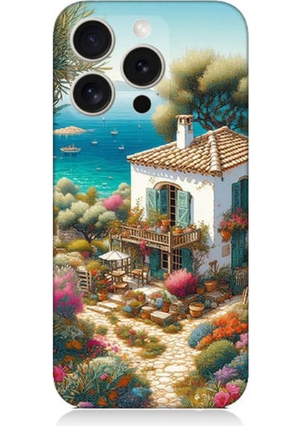 Apple iPhone 16 Pro Max Uyumlu Kıyıda Renkli Bahçe Beyaz Ev Desenli Silikon Kılıf