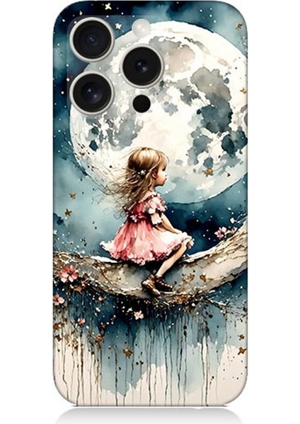 Apple iPhone 16 Pro Max Uyumlu Ay Üzerinde Hayalci Kız Desenli Silikon Kılıf