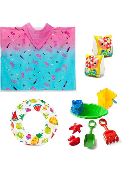 Kız Çocuk Panço Plaj Havlusu + Yüzme Kolluk + Simit + Gemi Kum Kova Seti
