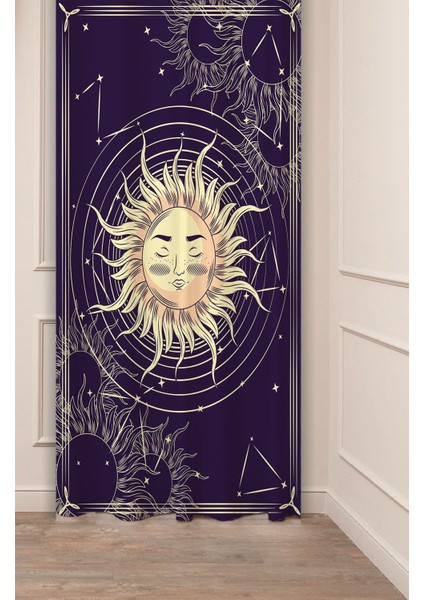 Güneş Ay Yıldız Uzay Gezegen Astroloji Desenli Özel Tasarım Dijital Baskılı (Tek Kanat) Fon Perde