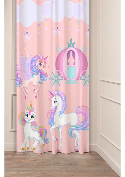 Unicorn Pembe Çiçek Yaprak Çocuk Odası Desenli Özel Tasarım Dijital Baskılı (Tek Kanat) Fon Perde