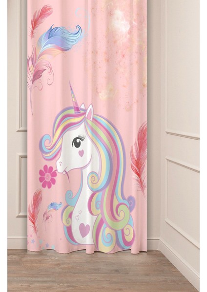 Unicorn Pembe Çiçek Yaprak Çocuk Odası Desenli Özel Tasarım Dijital Baskılı (Tek Kanat) Fon Perde