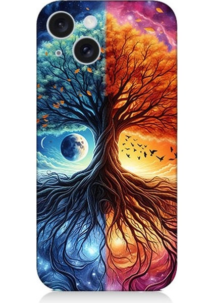 Apple iPhone 15 Uyumlu Hayat Ağacı ve Gece Gündüz Desenli Silikon Kılıf