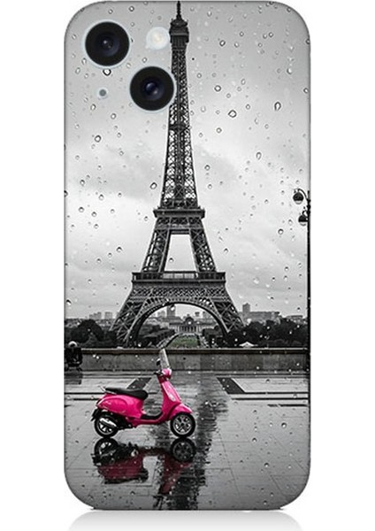 Apple iPhone 15 Plus Uyumlu Yağmurda Eyfel ve Scooter Desenli Silikon Kılıf
