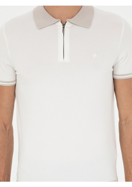 Erkek Beyaz Slim Fit Fermuarlı Polo Yaka Triko T-shirt 50285434-VR013