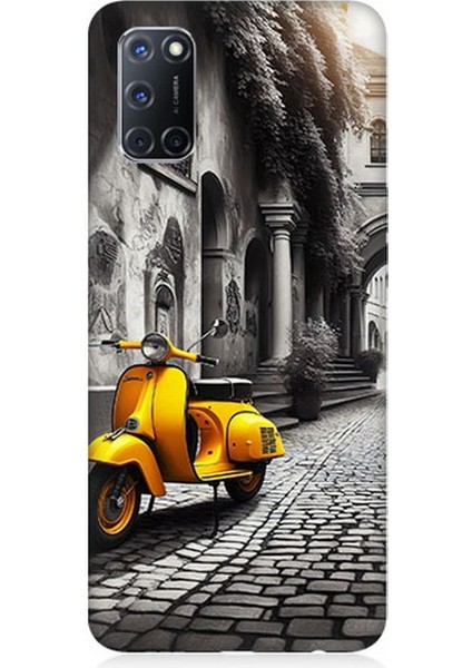 Oppo A72 Uyumlu Taş Sokakta Sarı Vespa Desenli Silikon Kılıf
