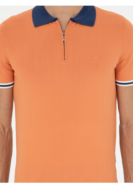 Erkek Turuncu Slim Fit Fermuarlı Polo Yaka Triko T-shirt 50285434-VR051