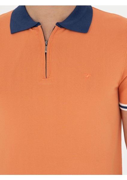 Erkek Turuncu Slim Fit Fermuarlı Polo Yaka Triko T-shirt 50285434-VR051