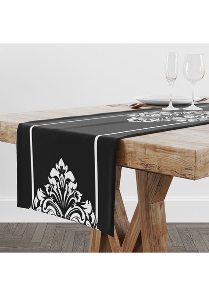 Damask Desenli Siyah Runner 40x140, Şekil: Dikdörtgen, Materyal: Polyester