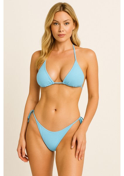 Kadın Mavi Üçgen Bikini Takımı Ayarlanabilir Bağlamalı Üst ve Alt