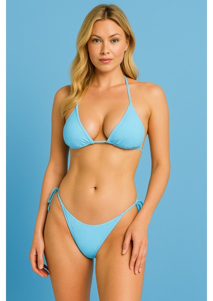 Kadın Mavi Üçgen Bikini Takımı Ayarlanabilir Bağlamalı Üst ve Alt