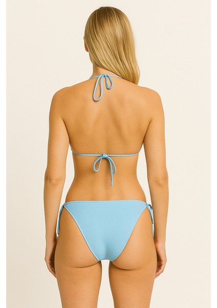 Kadın Mavi Üçgen Bikini Takımı Ayarlanabilir Bağlamalı Üst ve Alt