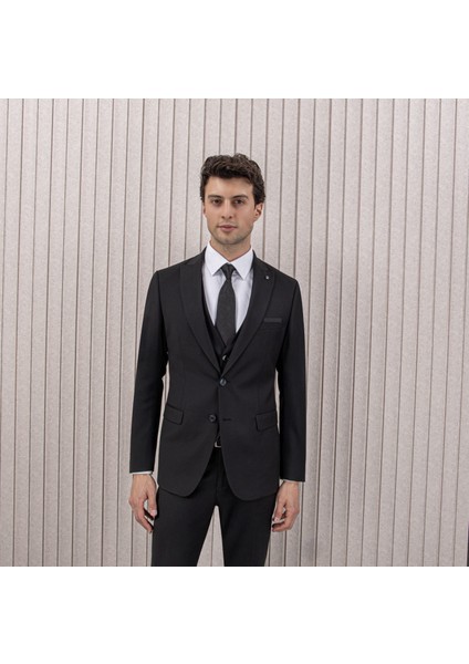 Erkek Yünlü Slim Fit Sivri Yaka Yelekli Takım Elbise