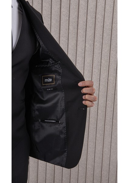 Erkek Yünlü Slim Fit Sivri Yaka Yelekli Takım Elbise