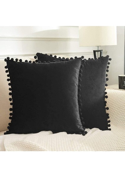 Kadife Ponponlu Kırlent Kılıfı, Siyah, Tek Parça, Şık ve Rahat Tasarım
