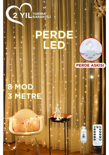 Lw-7 300 Ledli 10 Sarkıt Perde LED Işık, 8 Modlu Uzaktan Kumandalı, 3x3 Metre Peri Telli LED