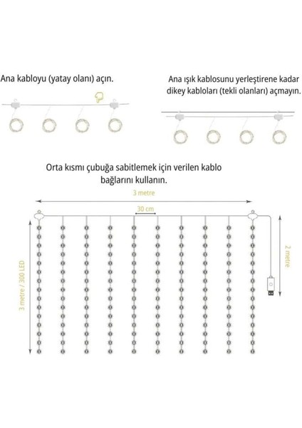 Lw-7 300 Ledli 10 Sarkıt Perde LED Işık, 8 Modlu Uzaktan Kumandalı, 3x3 Metre Peri Telli LED
