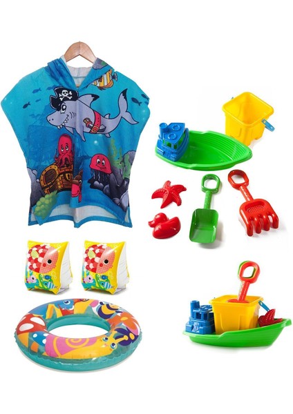 Çocuk Panço Plaj Havlusu + Yüzme Kolluk + Simit + Gemi Kum Kova Seti