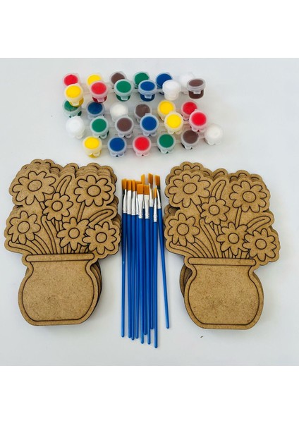 Ahşap Boyama Oyuncak Seti – 10 Çiçek Figürü + 5 Akrilik Boya + 10 Fırça | Küçük Grup Sanat Seti