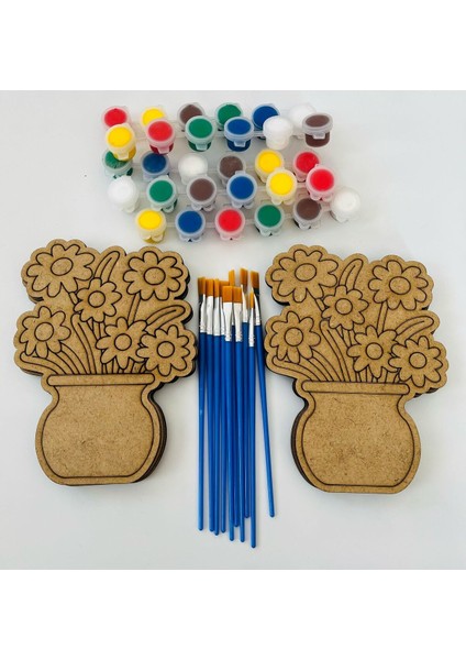 Ahşap Boyama Oyuncak Seti – 10 Çiçek Figürü + 5 Akrilik Boya + 10 Fırça | Küçük Grup Sanat Seti modelleri